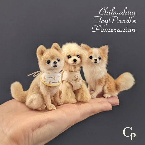 ミニチュア羊毛フェルトの犬たち可愛い3匹